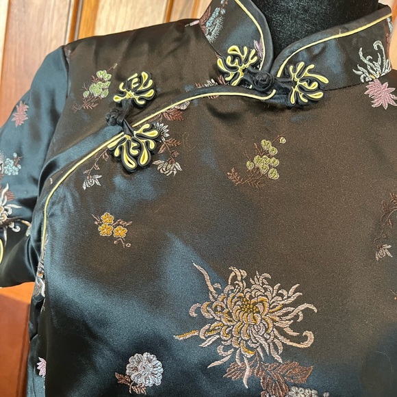 Vintage Peony Brand Brocade Cheongsam Qipao Black 38 M Frog Closure Shanghai - Picture 3 of 14